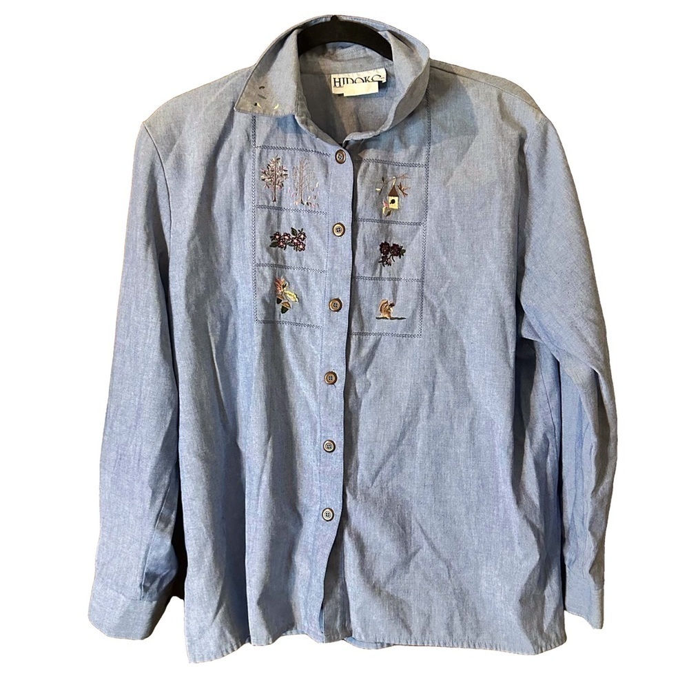 Vintage Hiroko Blues Chambray Button Down Trees Floral Embroidered Shirt Sz 14